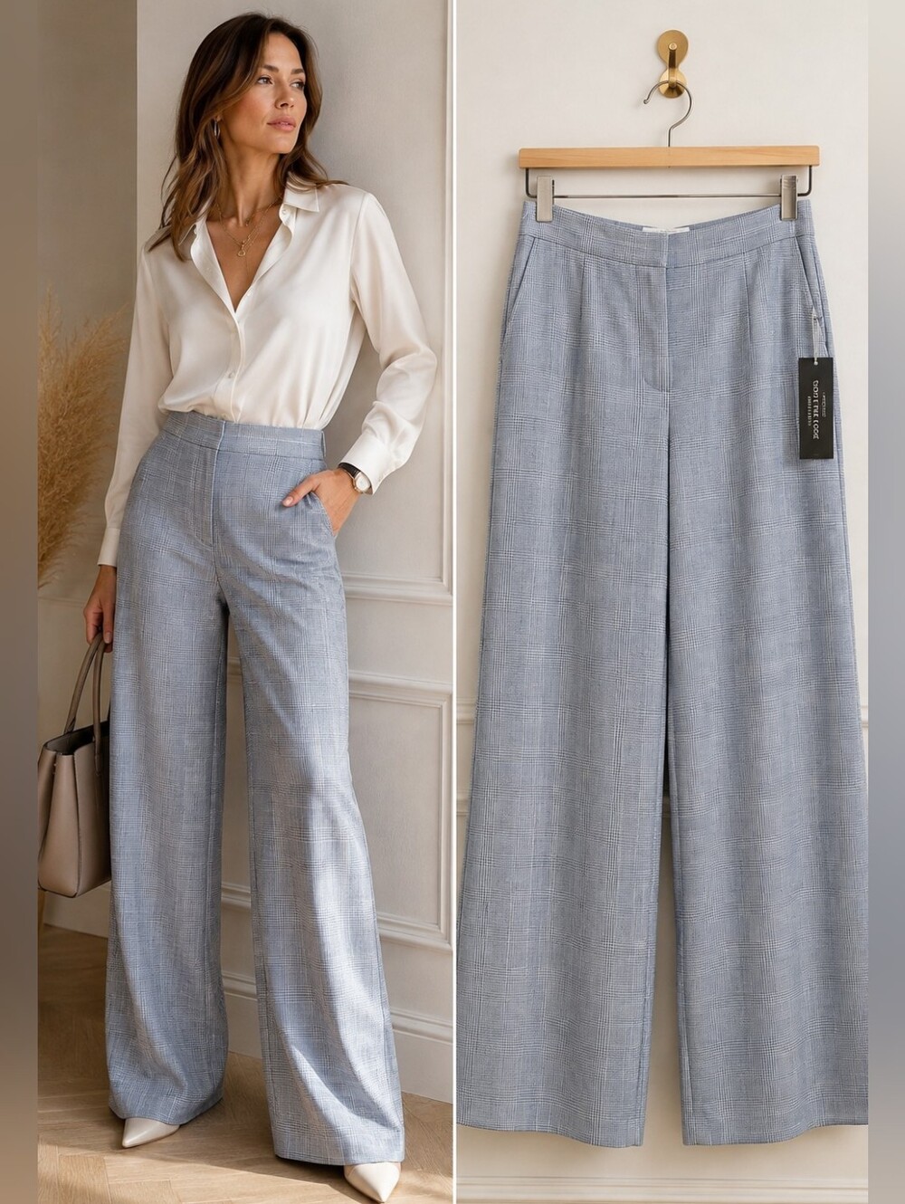 Haver & Blair Wide Leg Plaid Pants Blue White Glаen Check High Rise M NWT